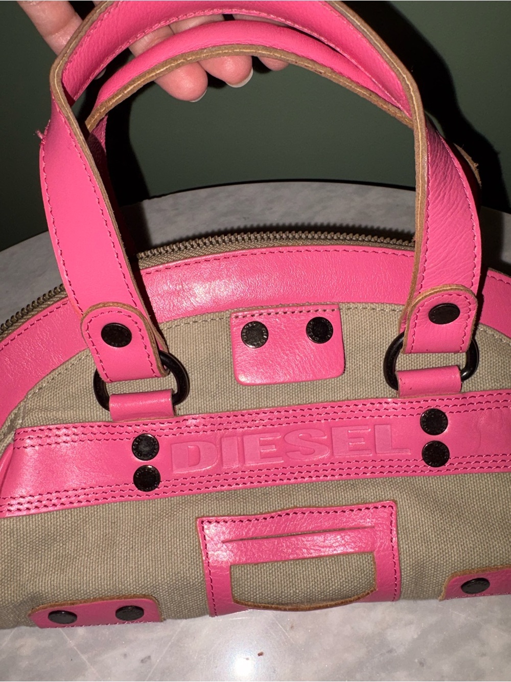 Diesel Beige Canvas Satchel with Hot Pink Leather Trim